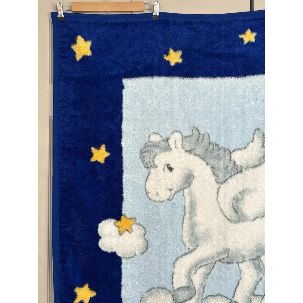 Vintage Baby Mink Blanket Pegasus Deep Royal Blue Stars‎ Clouds Dreams 43